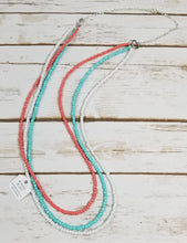 Coral, Turquoise and White Triple Strand Beaded Necklace
