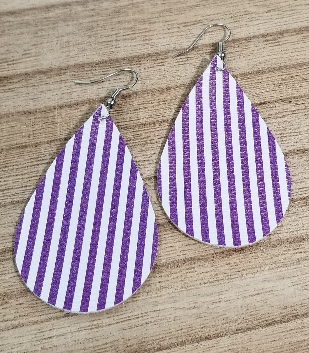 Purple/White Striped Teardrop Leather Earrings