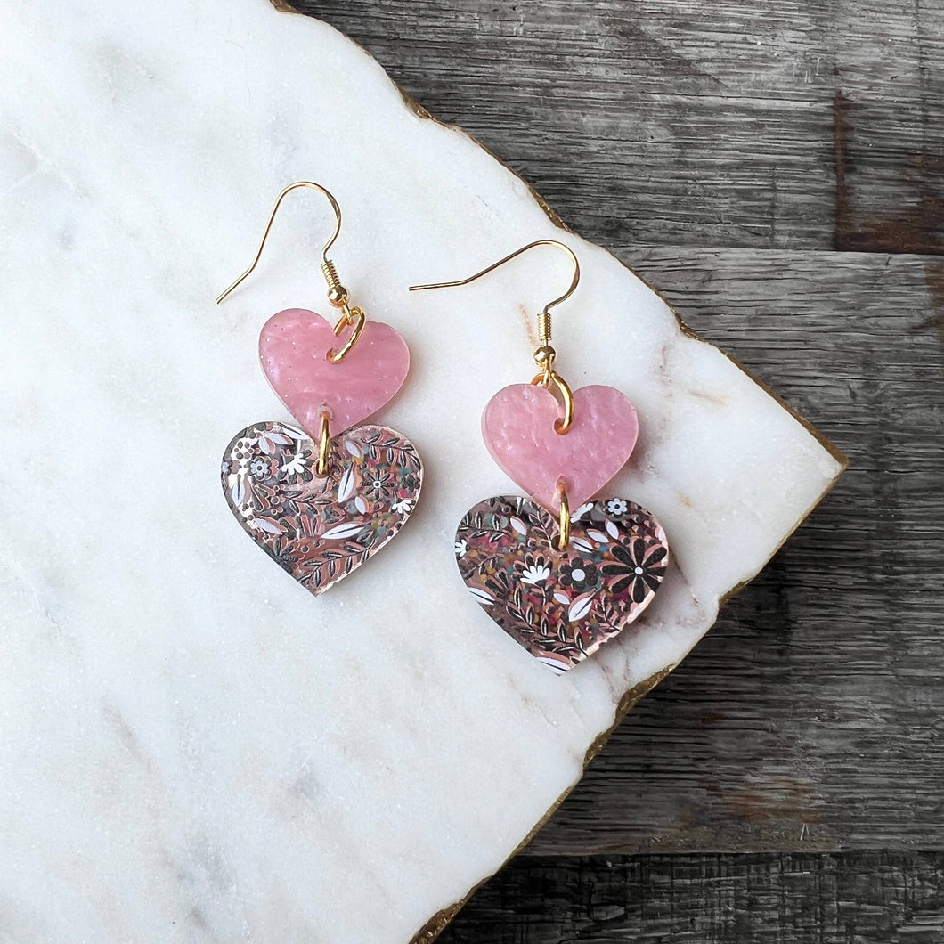 Valentine's Day Earrings - Pink & Floral Heart Drops