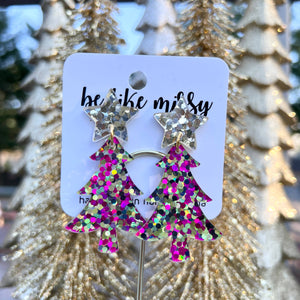 Acrylic Pink Dots Christmas Tree Earrings