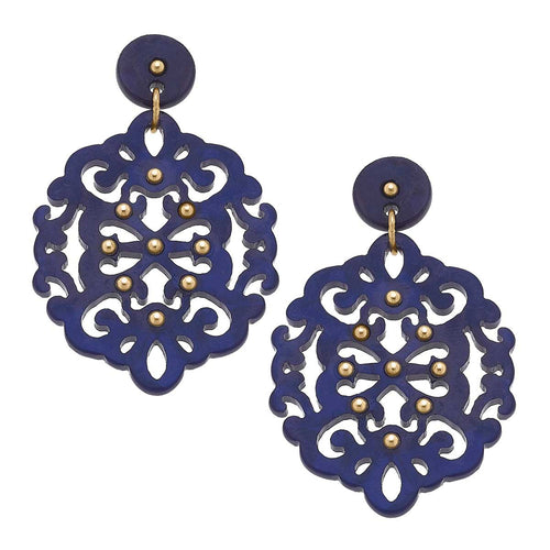 Emmy Filigree Resin Statement Earrings in Navy