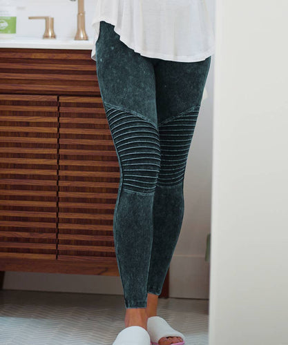 Mineral Washed Wide Waistband Moto Leggings FOREST GREEN