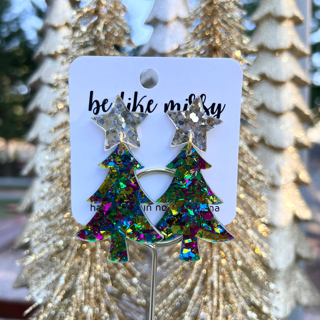 Acrylic Glitter Christmas Tree Earrings - Green/Gold