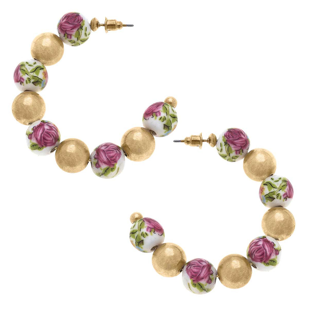 Taley Porcelain Rose & Ball Bead Hoop Earrings in Worn Gold