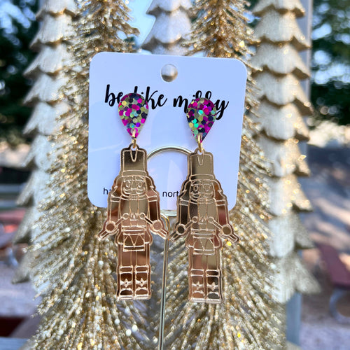 Christmas Nutcracker Acrylic Earrings - Gold